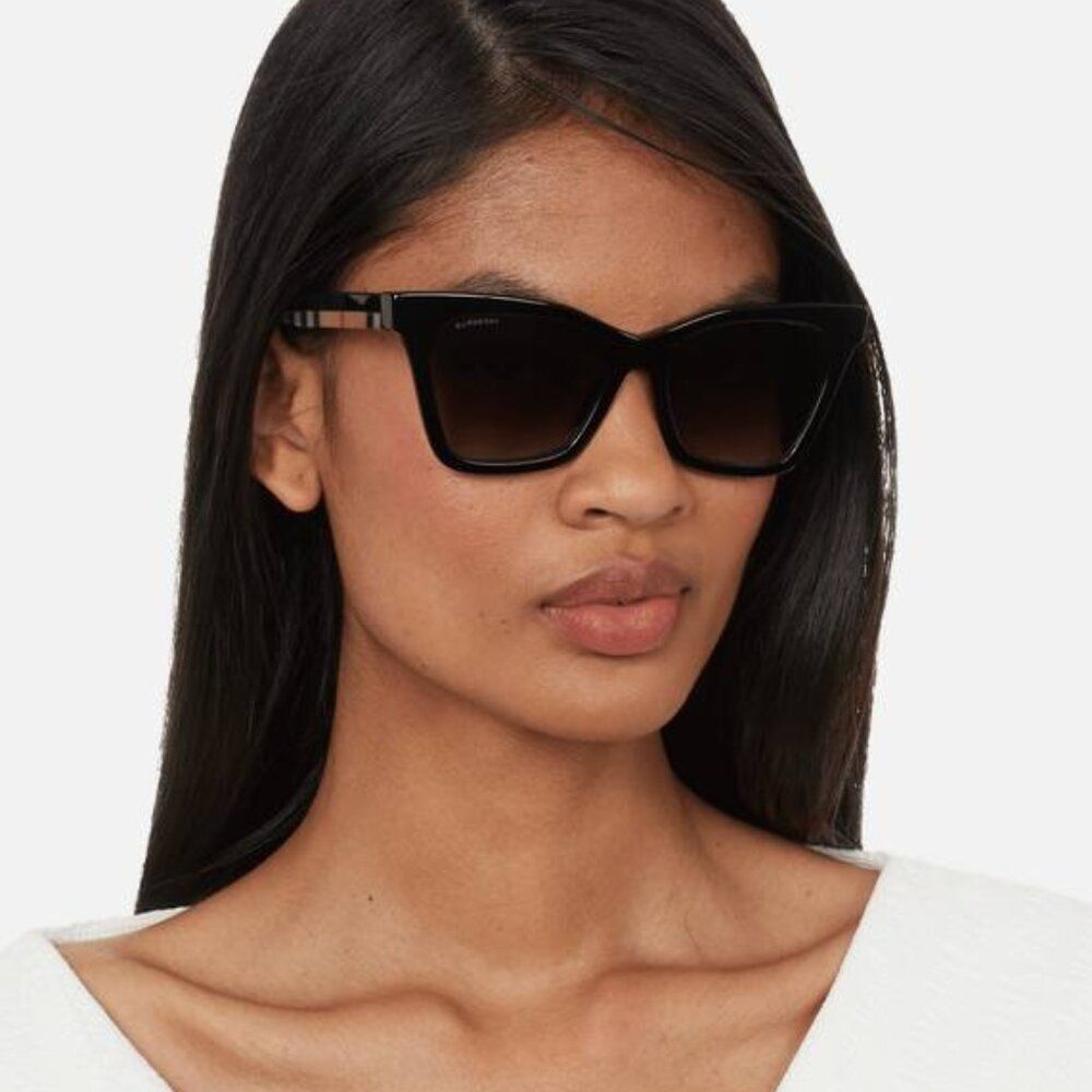 Burberry Elsa BE4346 39428G Sunglasses Black/Brown Cat Eye Frame, Grey Lenses